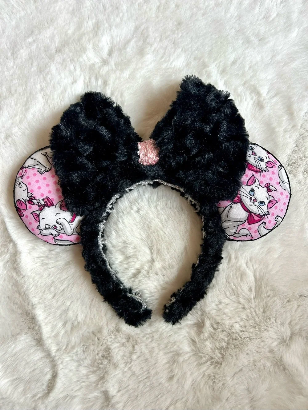 Handmade Black Fuzzy Bow Pink Marie Print Park Mouse Ears